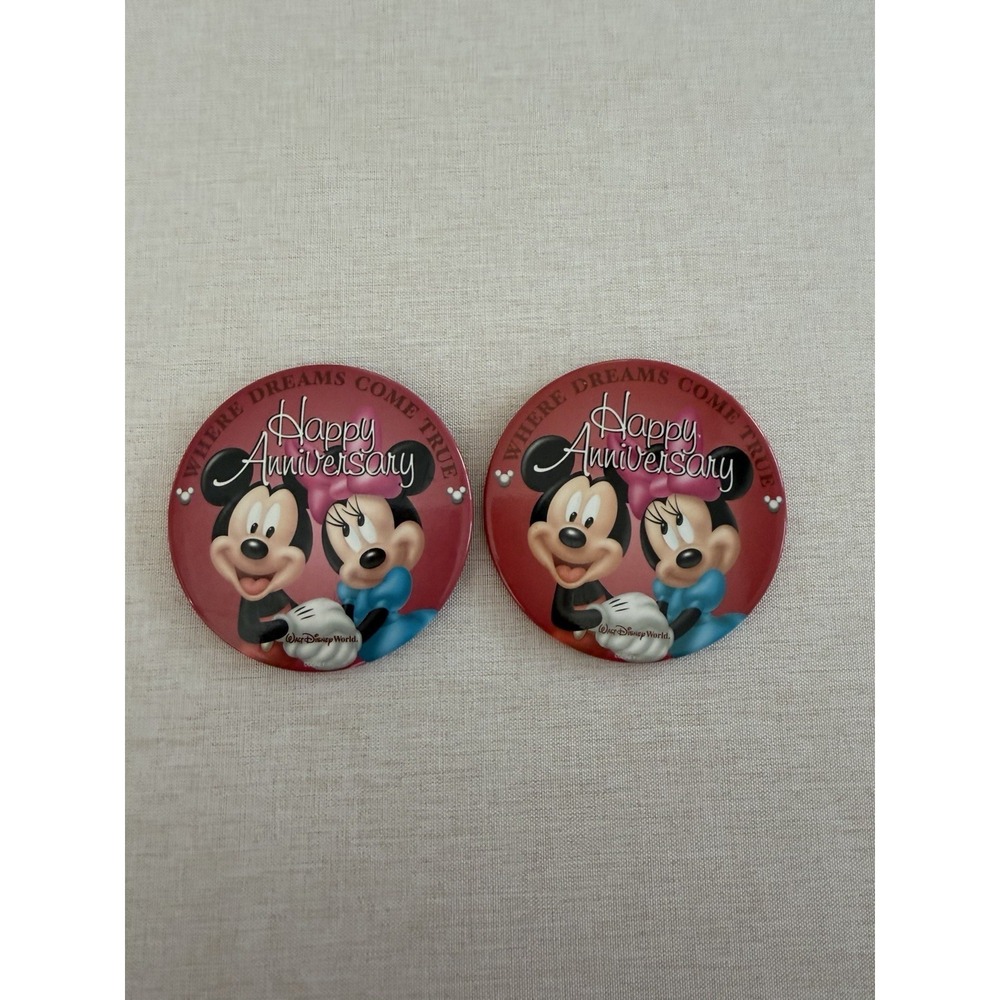 Disney Mickey Minnie Happy Anniversary Pin Back Buttons 3.5"‎ Lot of 2 Novelty